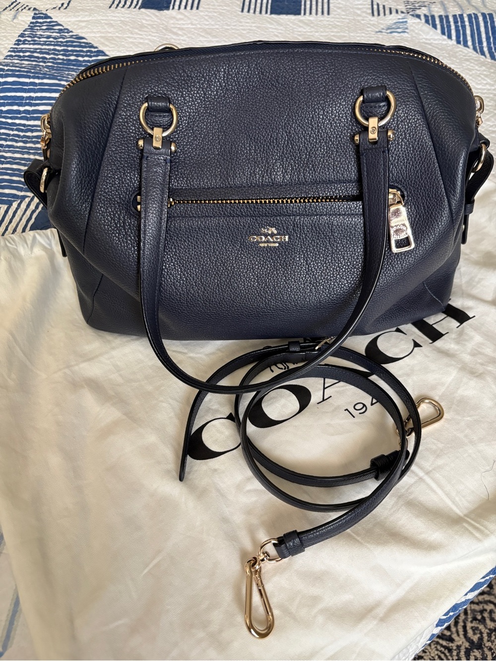 Coach Navy Pebbled Leather Satchel with Gold Hardware